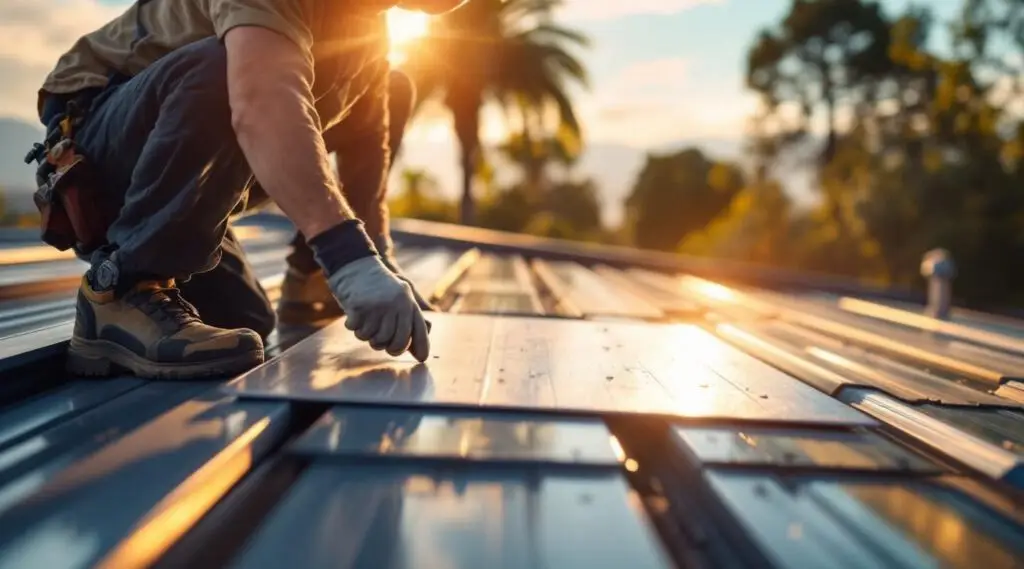 Professional roofers installing standing seam metal panels on a commercial facility in Boston under a clear autumn sky.