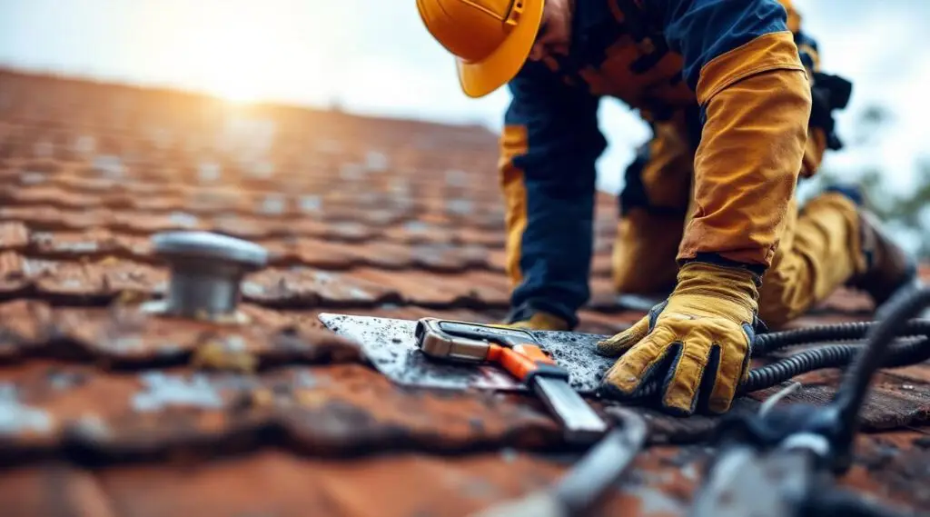 A professional roofing inspector examining flashing and shingles on a historic Boston home under bright morning light.