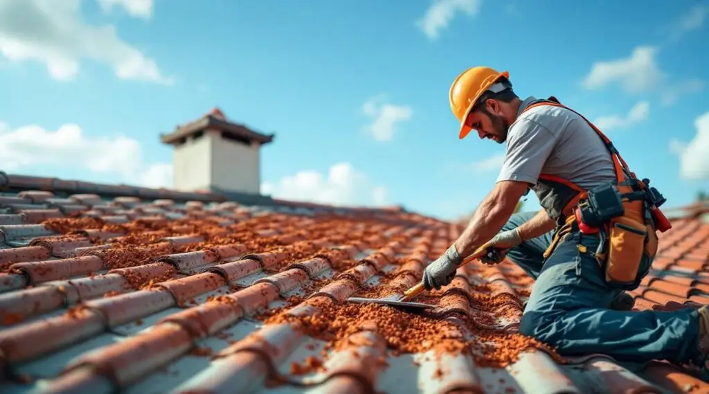 Commercial roofing team precisely aligning red clay tiles on a mission-style Boston office building under clear skies.