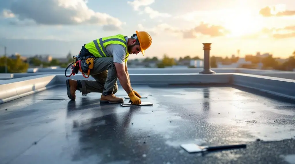 Commercial roofing technicians applying a seamless EPDM rubber membrane to a large flat roof in Boston.