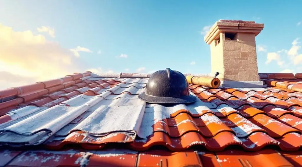 Expert roofing crew installing traditional red clay Spanish tiles on a historic commercial property in Boston under bright skies.
