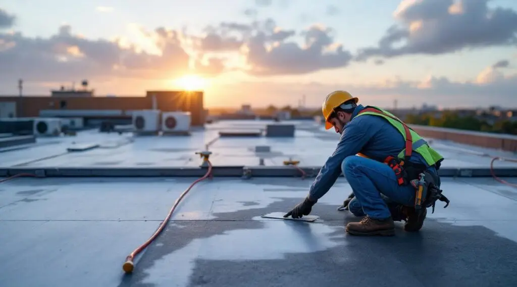 Professional roofing crew installing a durable flat TPO roof on a Boston commercial building under bright, clear daylight.