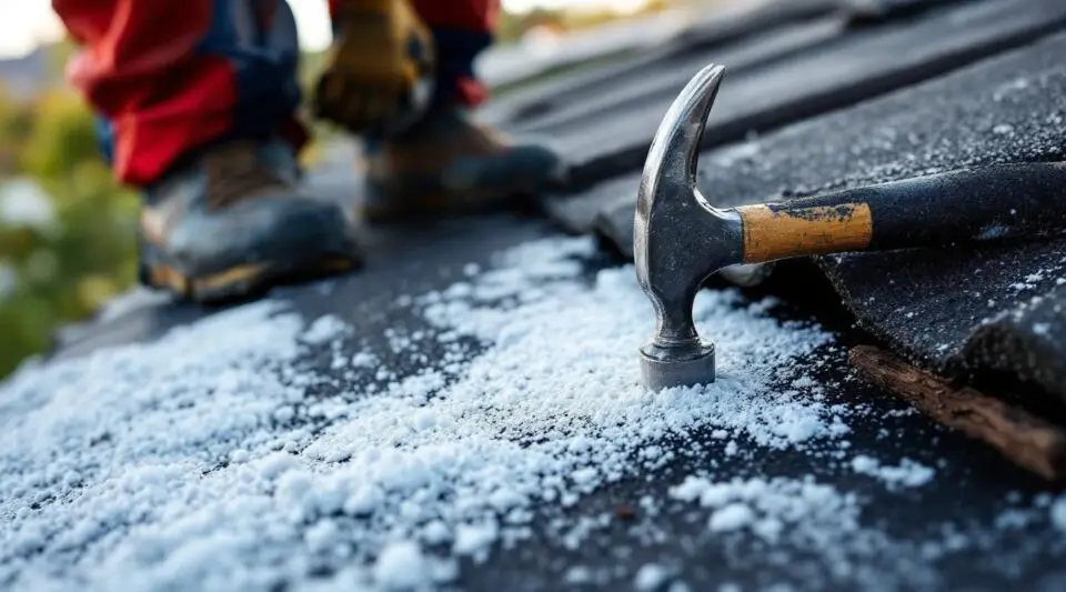 Professional roofer sealing damaged asphalt shingles on a historic Boston home during a clear morning repair.