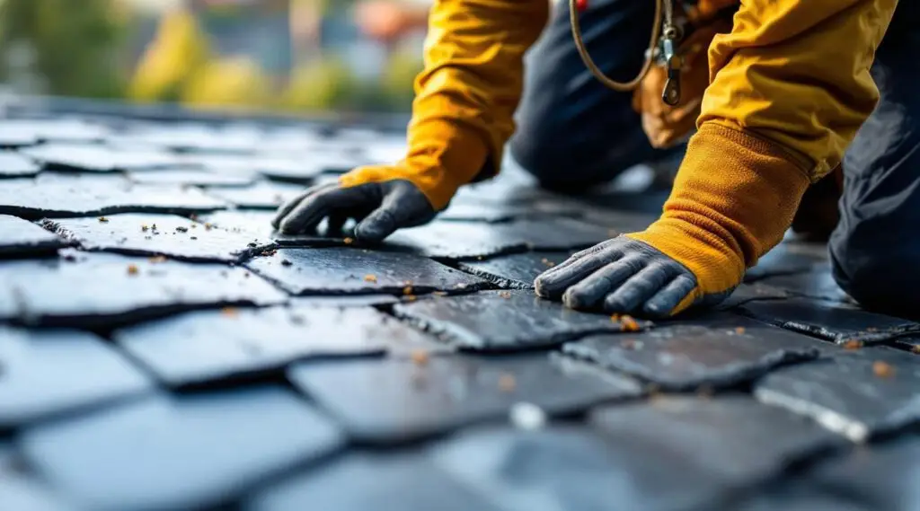 A professional roofing team meticulously installing natural slate tiles on a large Boston commercial building.