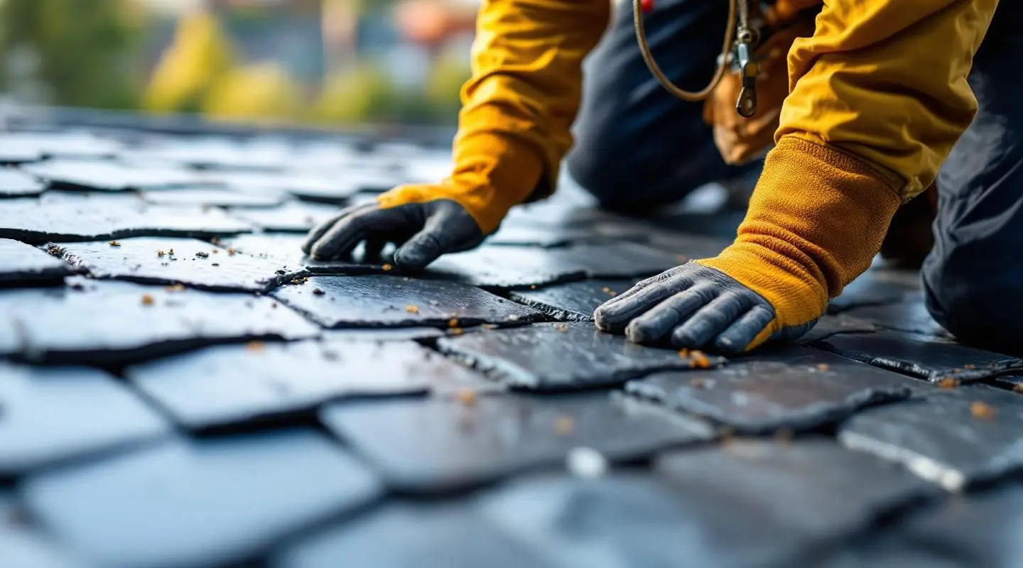 A professional roofing team meticulously installing natural slate tiles on a large Boston commercial building.