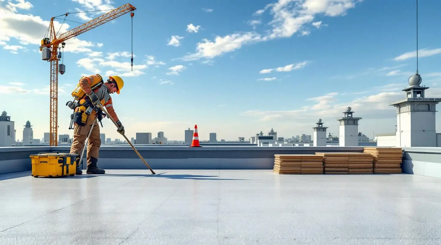 Professional contractors installing a durable white TPO flat roof system on a Boston commercial building.