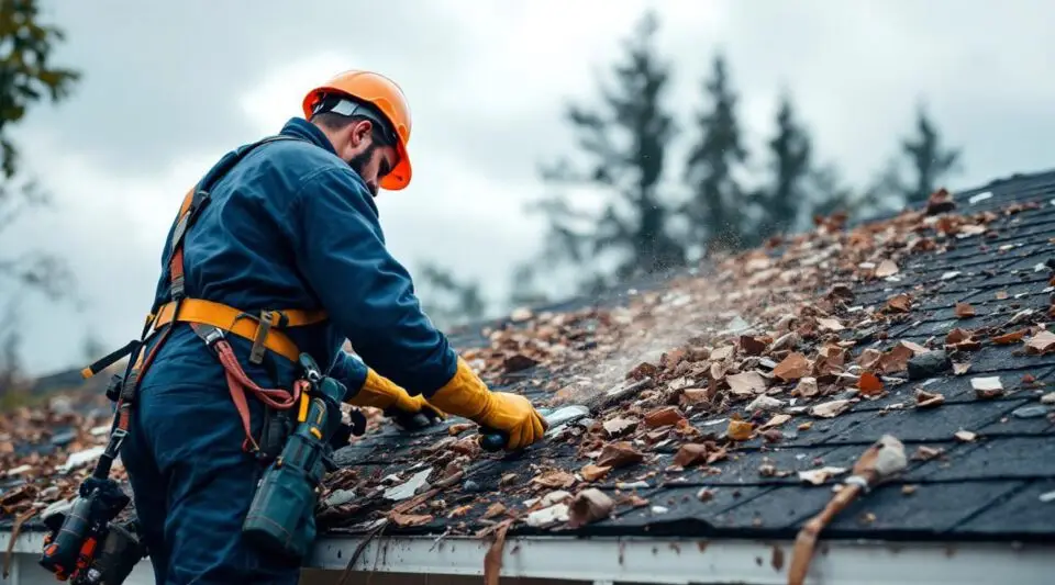 Professional roofing crew installing architectural shingles on a classic Boston home after a severe nor'easter storm.