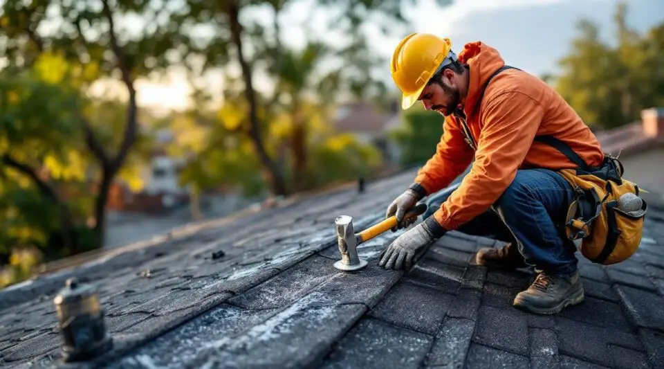 A professional roofer carefully replacing damaged asphalt shingles on a classic Boston home under a clear New England sky.