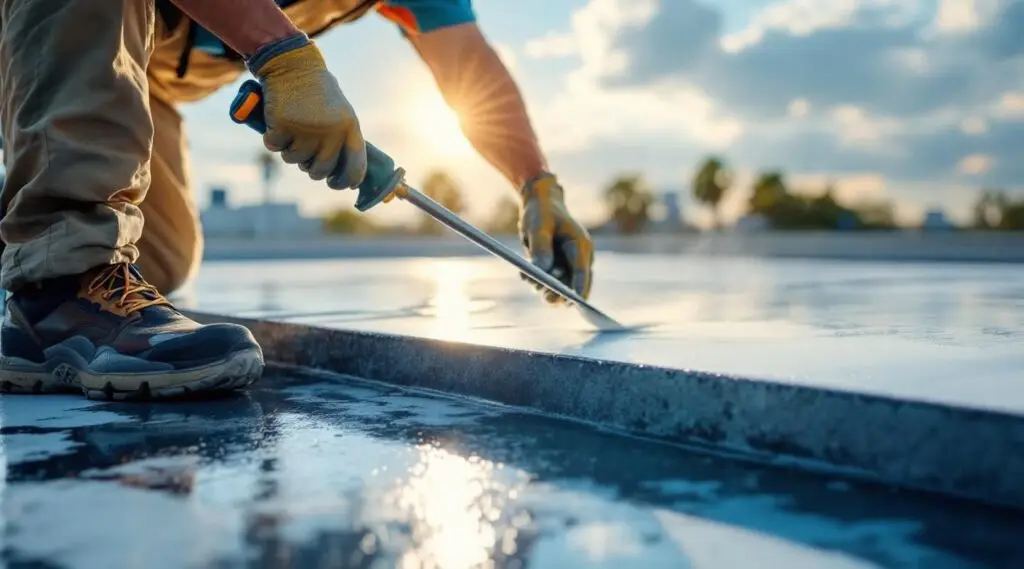 Professional roofing crew applying white reflective silicone coating to a large commercial flat roof in Boston.