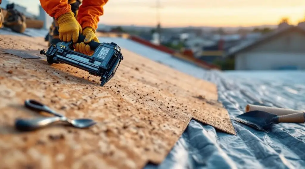 A professional roofing crew installing high-quality asphalt shingles on a local Boston residence.