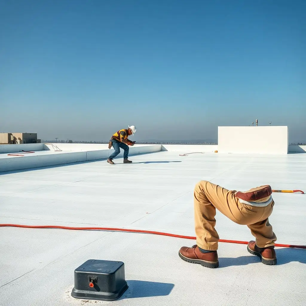Roofing contractors performing precision seam repairs on a commercial flat roof in Boston.