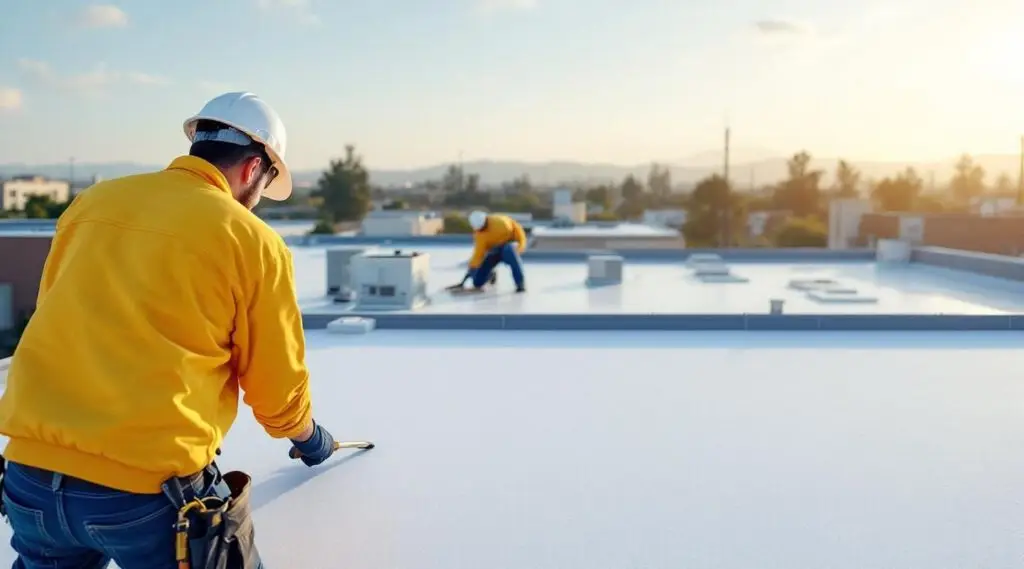 A commercial flat roof in Boston featuring white TPO membrane installation under bright California sunlight.