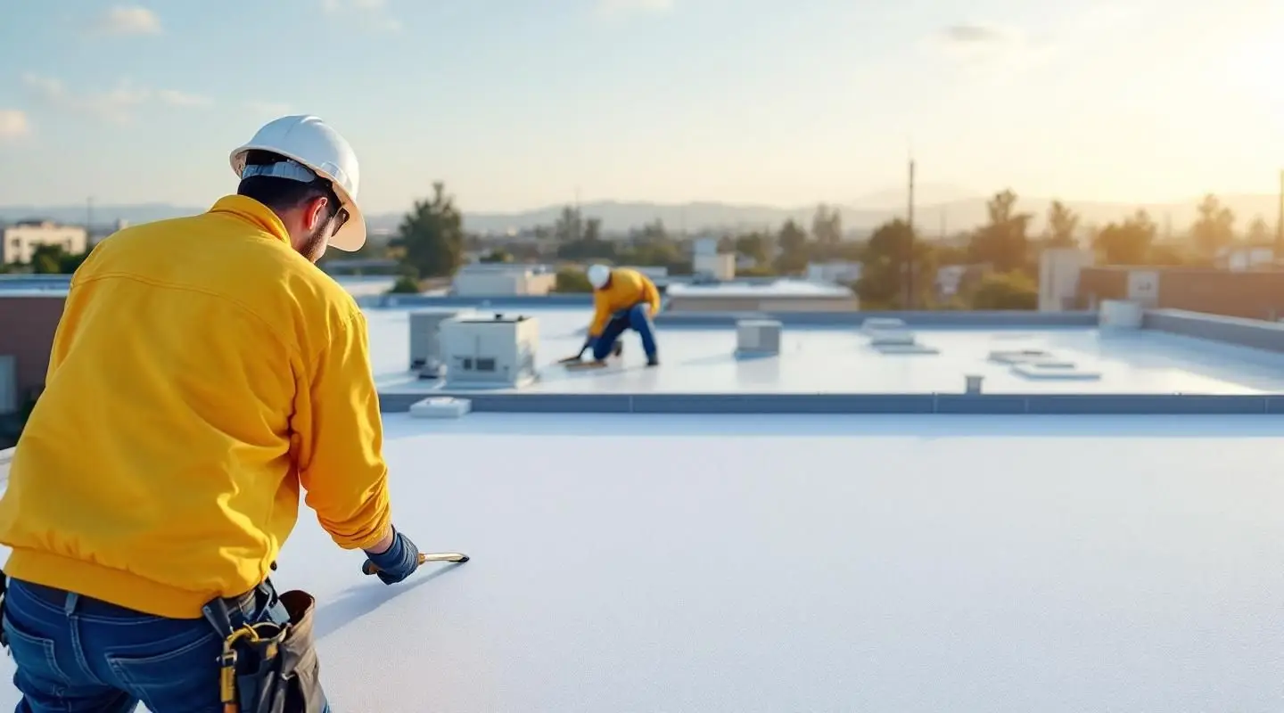 A commercial flat roof in Boston featuring white TPO membrane installation under bright California sunlight.